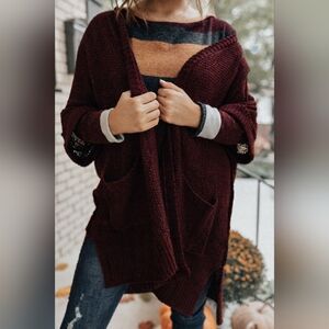 Burgundy Chunky Knit Open Front Cardigan Sweater Pockets Oversized L/XL